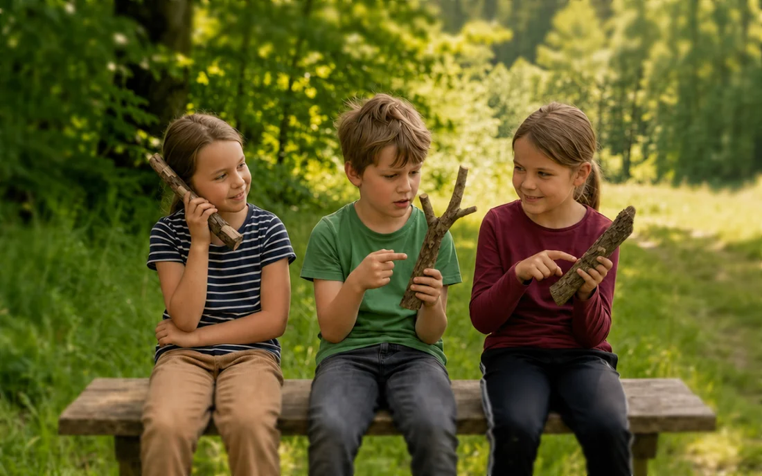 Drei Grundschulkinder betrachten und untersuchen Äste auf einer Bank im Grünen.