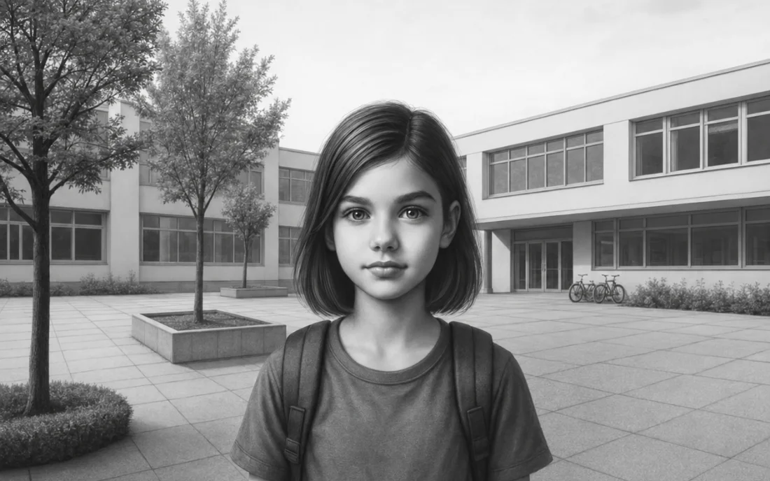 Schwarz-weiße Illustration der fiktiven Lena mit Schulrucksack vor einem Schulgebäude.