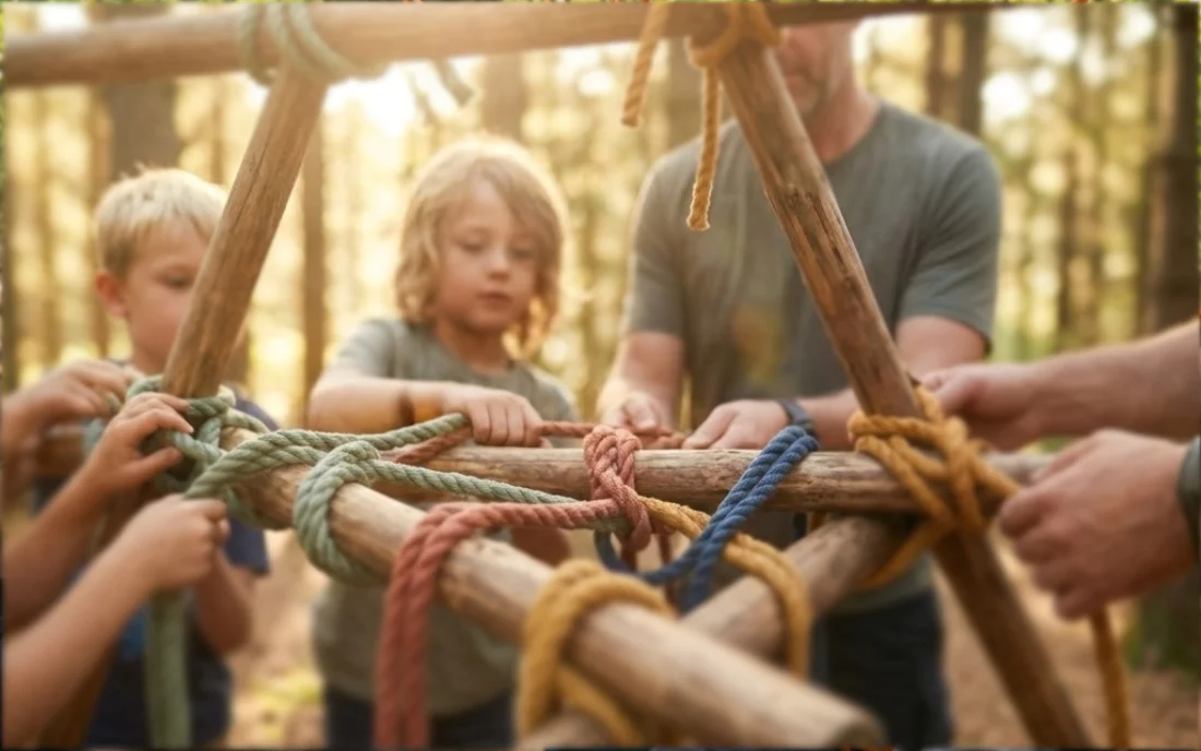 Kinder und ein Erwachsener bauen im Wald gemeinsam ein Holzgestell mit bunten Seilen.