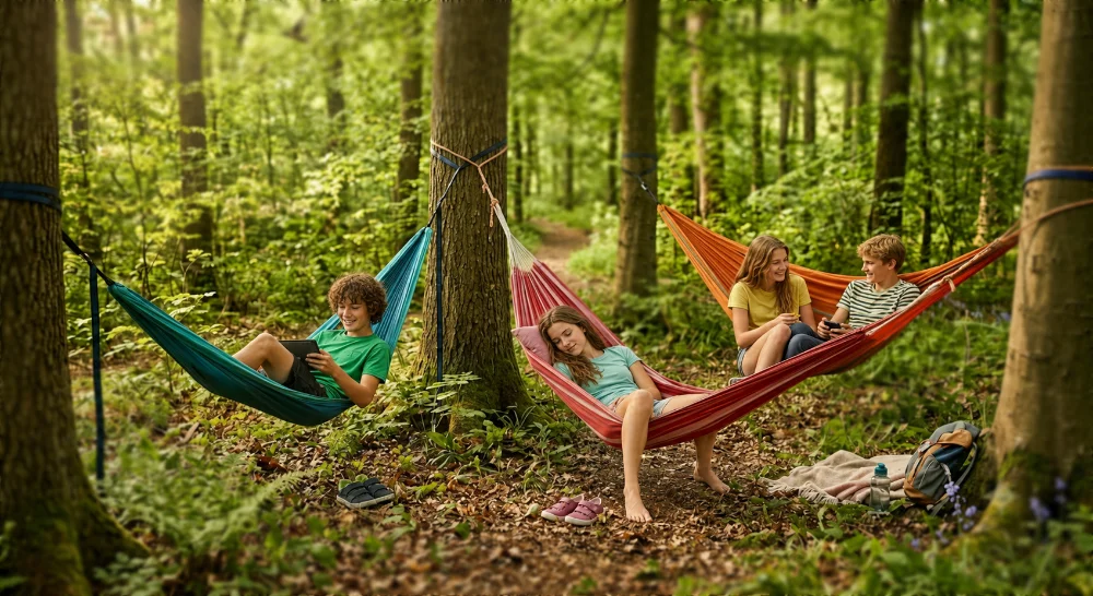 Jugendliche liegen und sitzen in bunten Hängematten zwischen Bäumen im sonnigen Wald